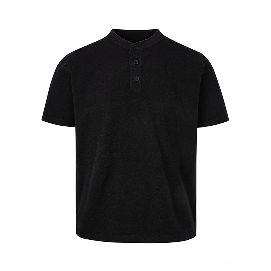 Black men's relaxed knit Henley T-shirt with button placket, short sleeves, and minimalist Korean streetwear silhouette