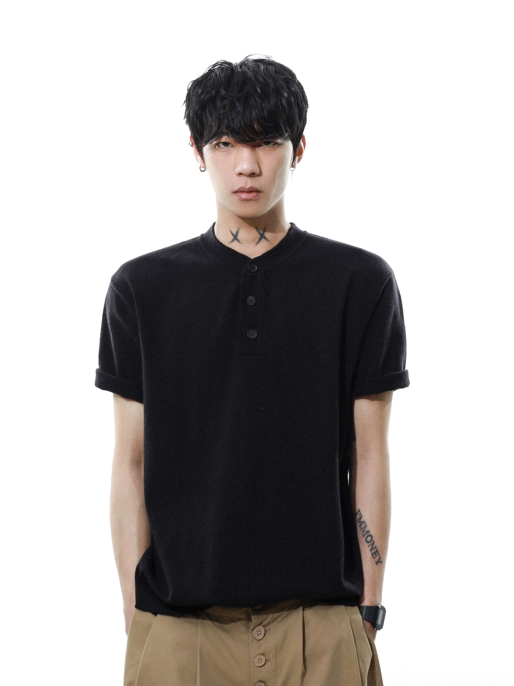 Black men's relaxed knit Henley T-shirt with short sleeves, textured knit fabric, and three-button band collar