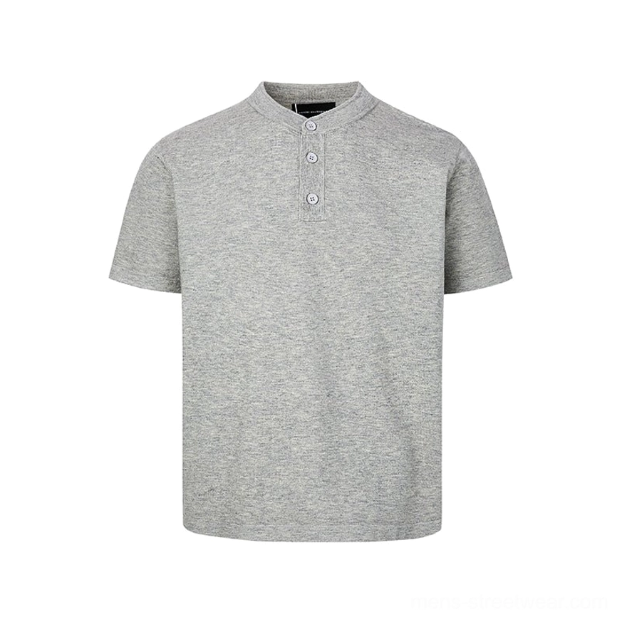 Gray men's relaxed knit Henley T-shirt with softly textured fabric, three-button collar, and curved hem silhouette