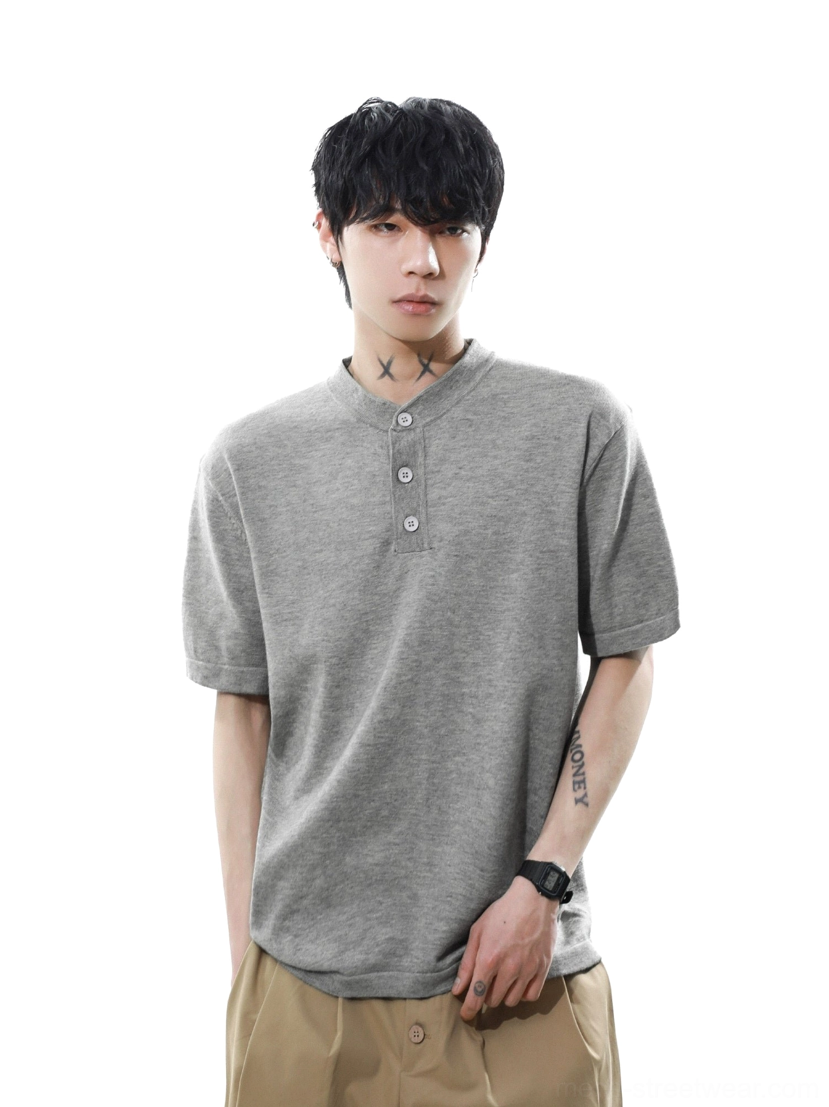 Angled front view of heather gray men's knit Henley T-shirt showing the button placket and relaxed streetwear fit