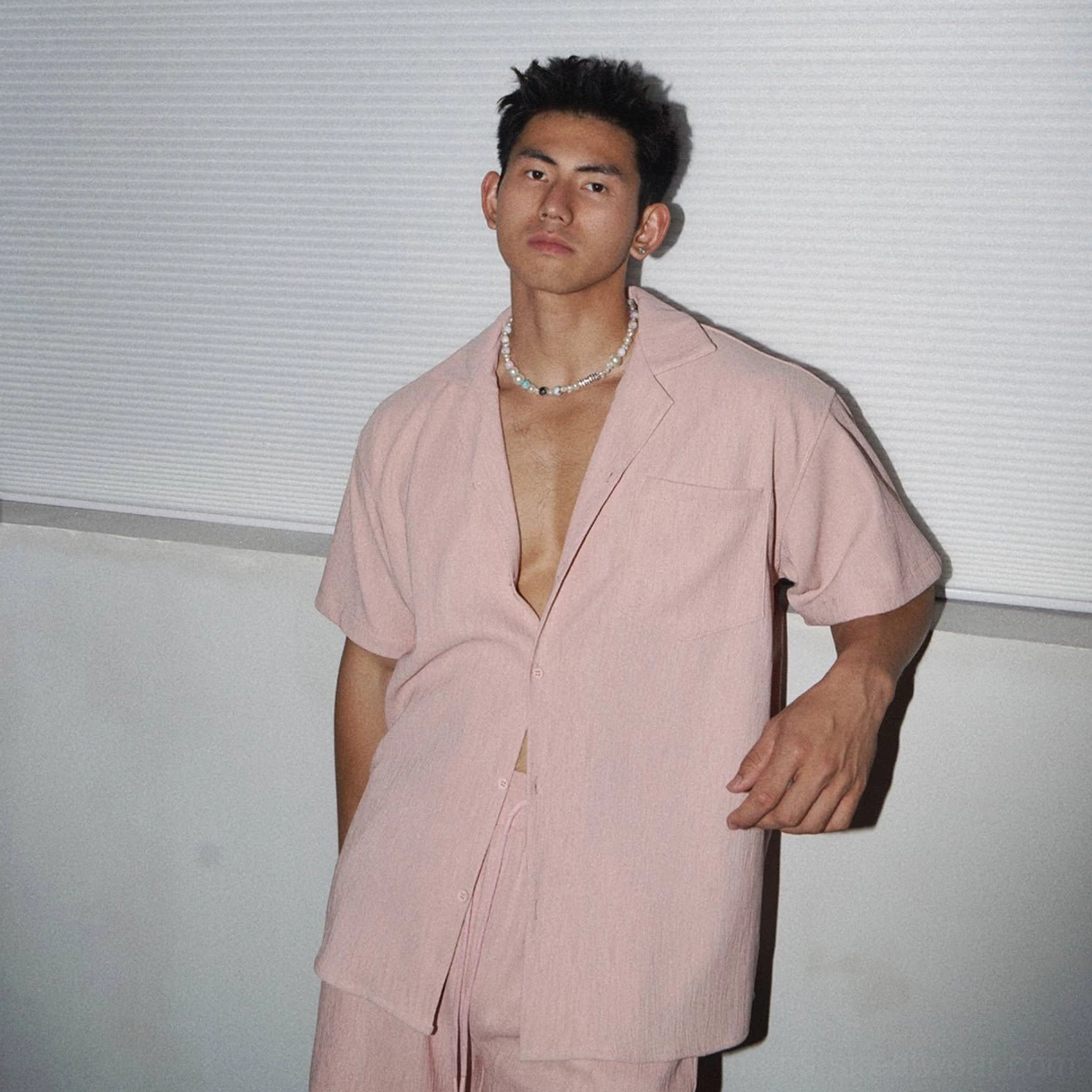 Men's relaxed linen-look camp collar shirt and matching shorts set for modern Asian streetwear