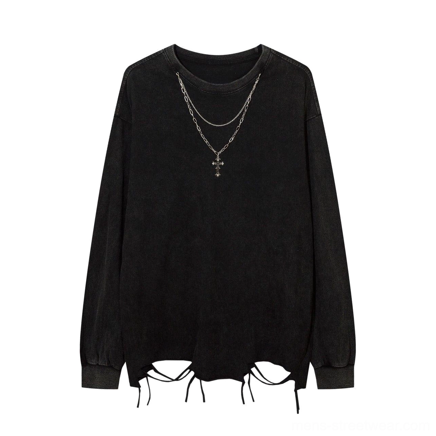 Men's relaxed oversized distressed long-sleeve tee with raw hem and statement cross necklace
