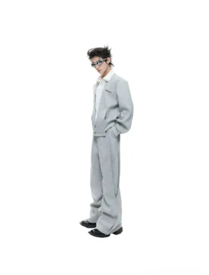Side view of men's relaxed oversized heather grey faux-twinset cardigan shirt outfit with loose streetwear proportions