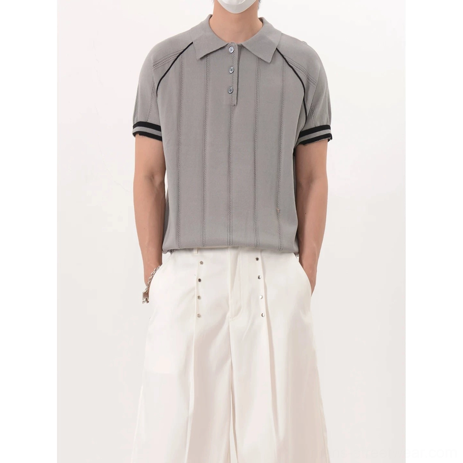 Men's retro contrast trim ribbed knit polo shirt in gray colorway with short sleeves and button placket