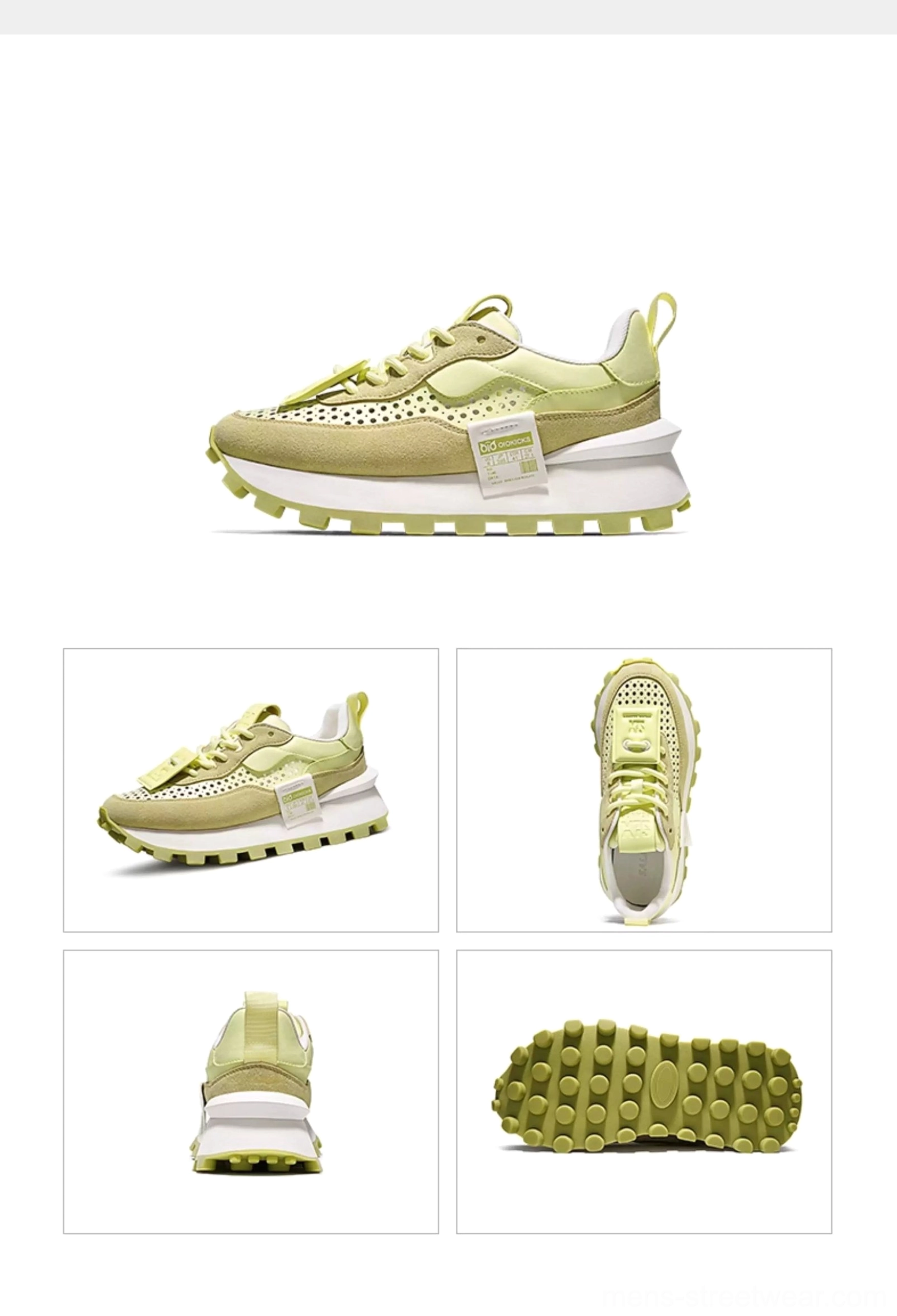 Top view of men's retro leather running sneakers showing perforated breathable upper, flat white laces, and square tongue detail