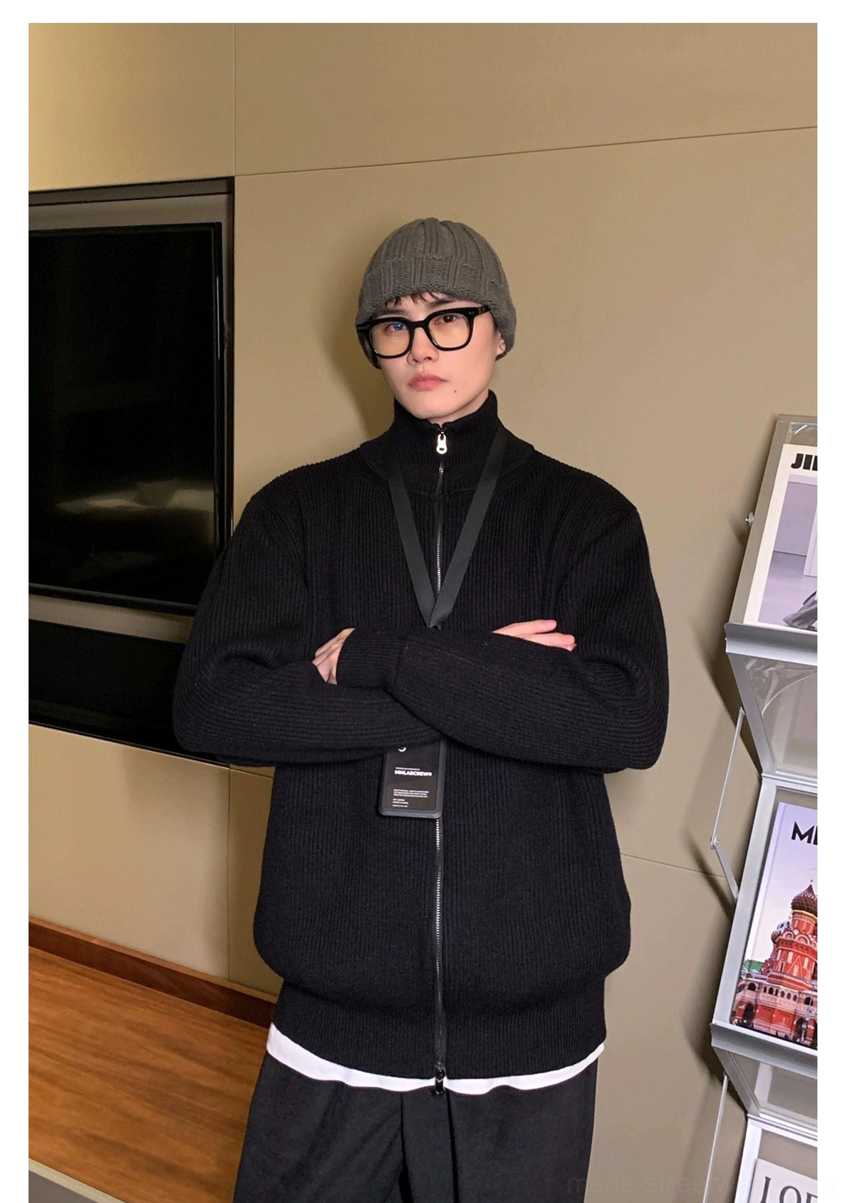 Men's ribbed full-zip cardigan sweater product image showing the textured knit, high stand collar, and relaxed streetwear silhouette
