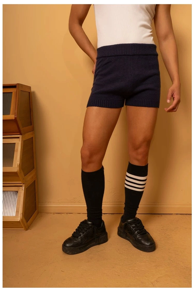 Men's ribbed knit lounge shorts in Korean streetwear styling with a slim fit, high elastic waistband, and textured knit finish