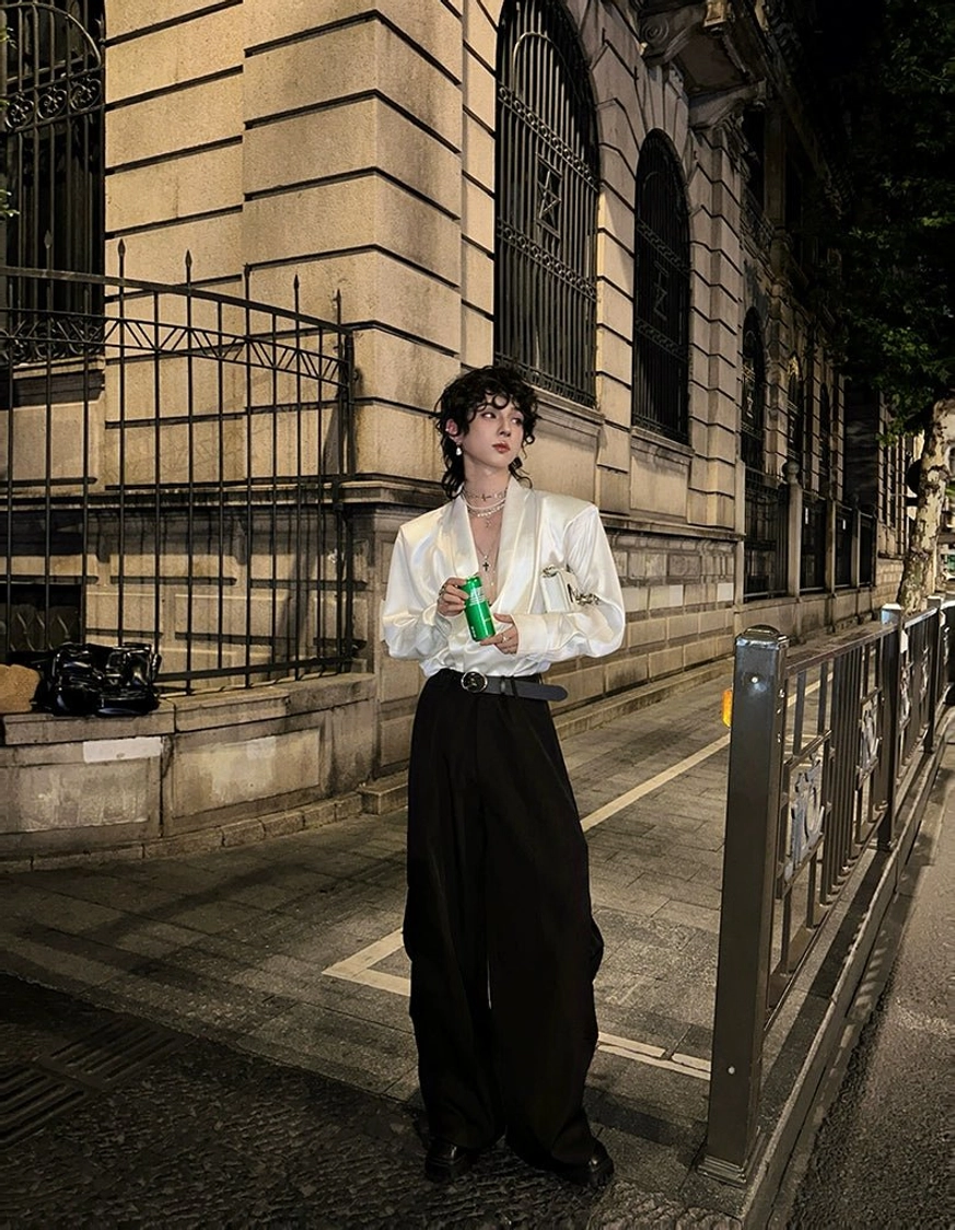 Mens satin deep V-neck shirt with relaxed silhouette and glossy finish for modern Seoul streetwear outfits