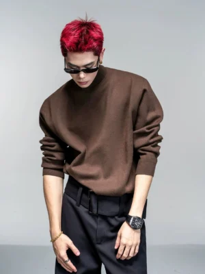 Dark brown men's mock neck knit sweater with relaxed drop shoulders in Seoul minimalist streetwear styling
