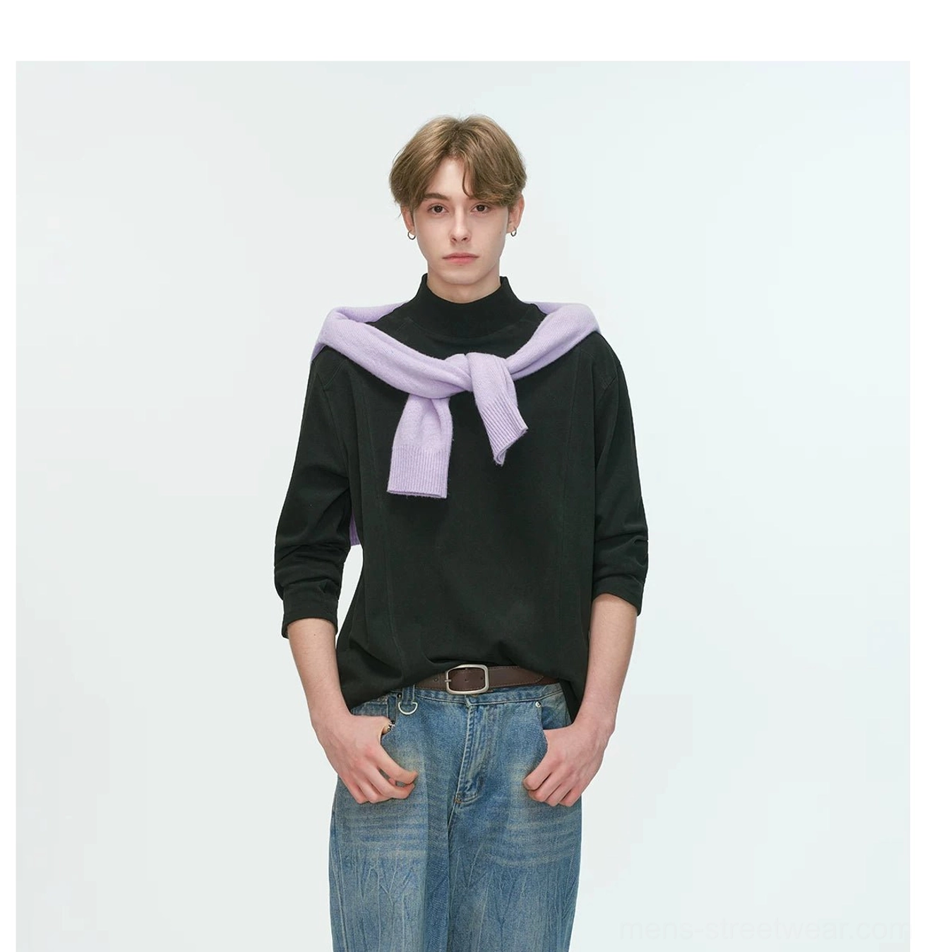 Men's smooth mock neck long sleeve shirt with a refined collar and casual silhouette for Acubi-inspired streetwear outfits