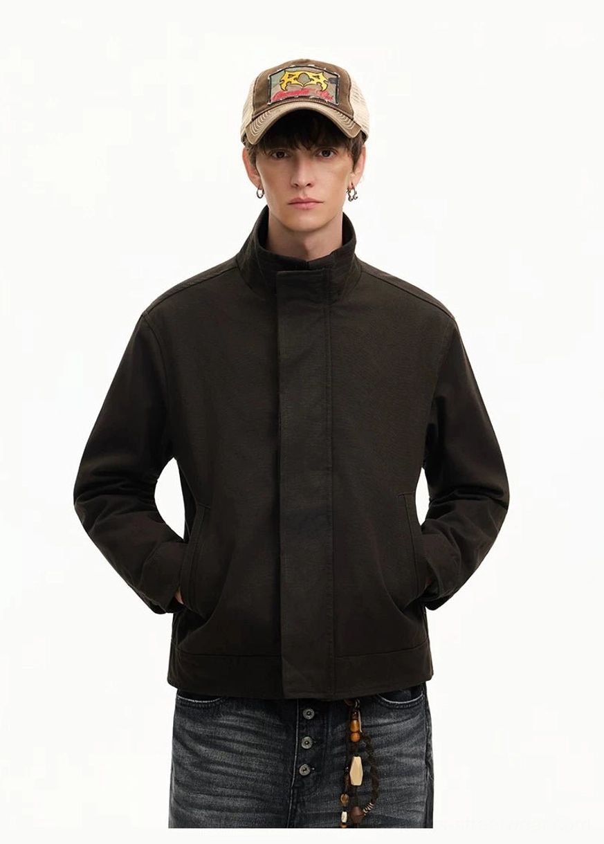 Men's stand collar Harrington streetwear jacket back view showing clean relaxed hip-length silhouette