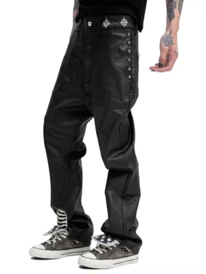 Men's streetwear outfit featuring gray zebra studded high-top sneakers styled with black leather pants and matching zebra print socks