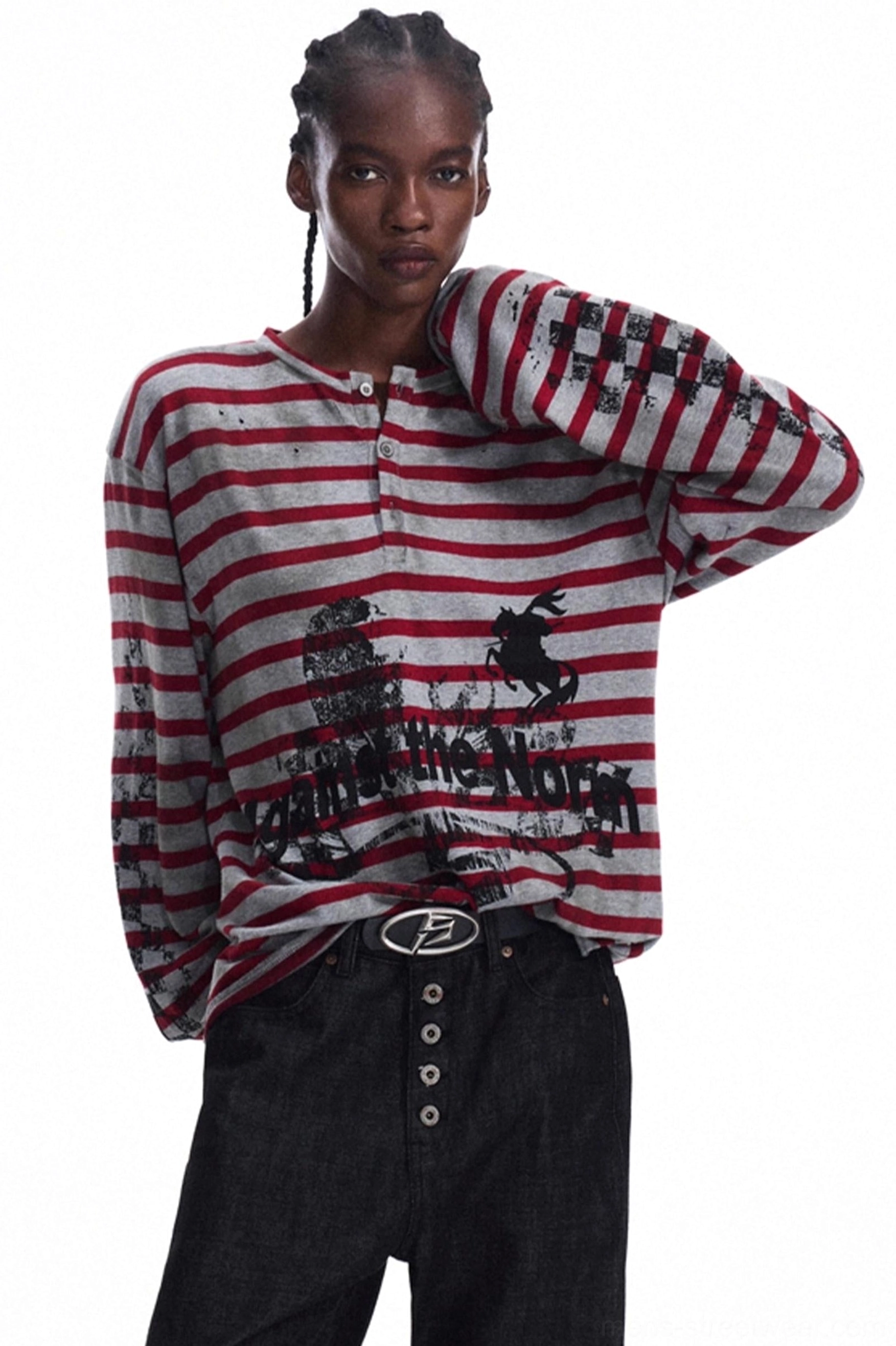 Men's striped graphic knit Henley in red and grey shown from side three-quarter angle with uneven curved hem