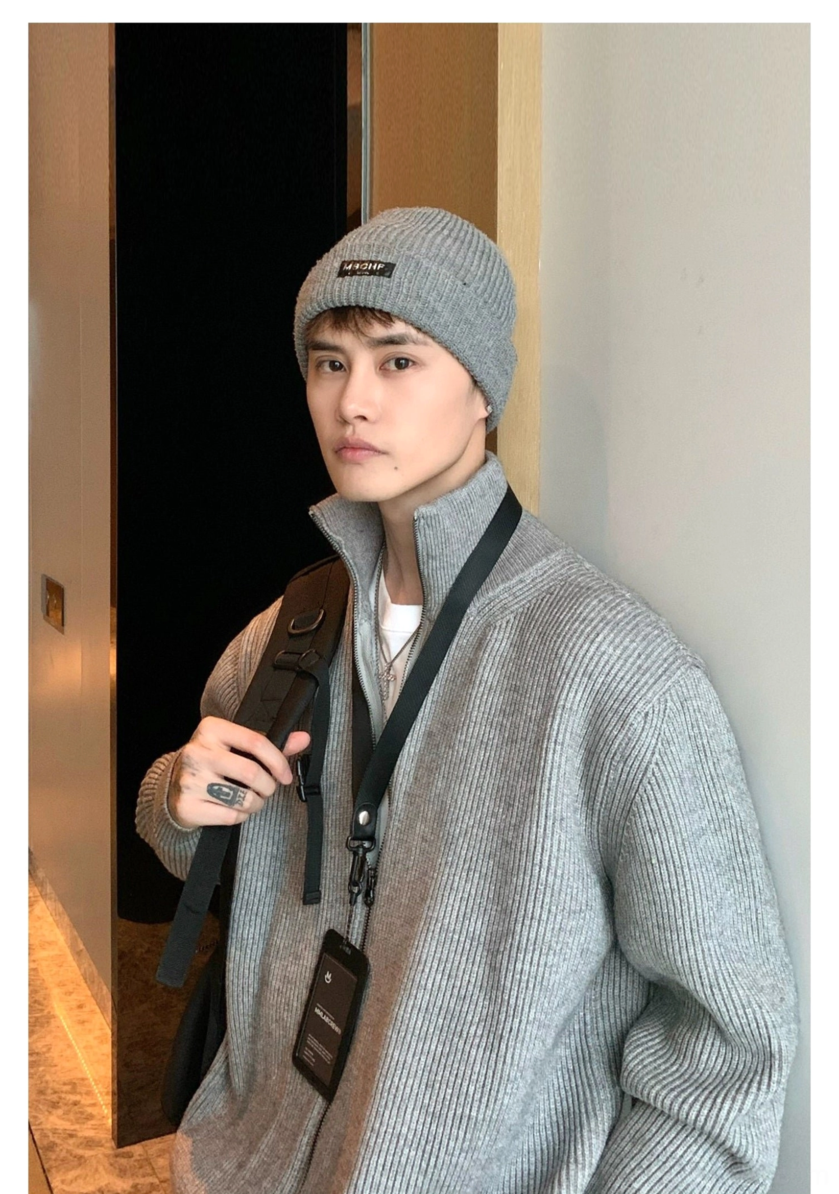 Textured men's full-zip knit cardigan with high collar and oversized fit for Korean fashion and everyday city outfits