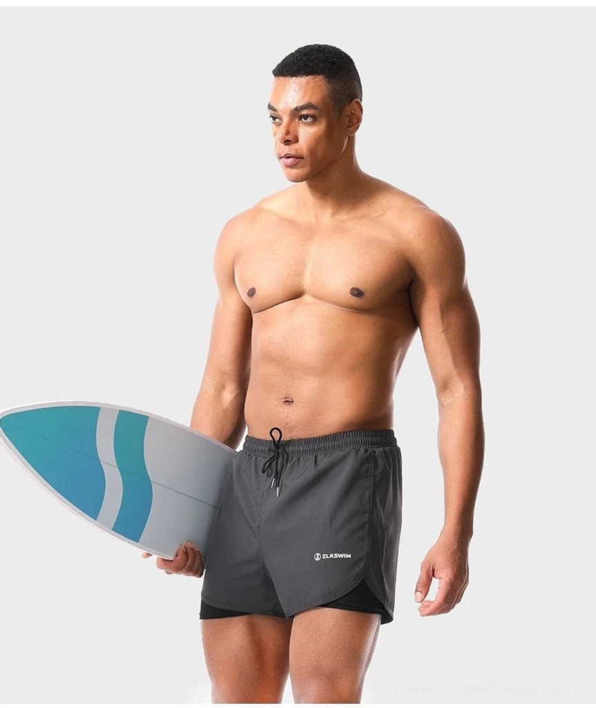 Dark gray men's twin-layer quick-dry swim shorts for surfing beach sports and water activities
