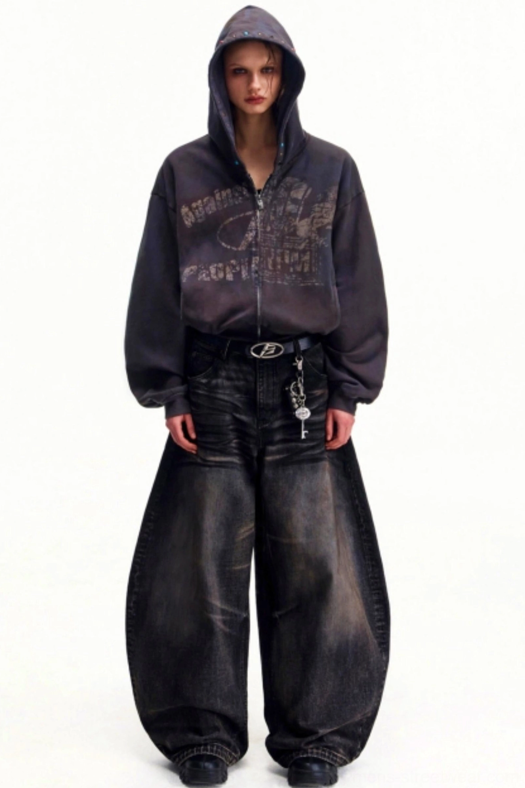 Men's ultra baggy distressed washed wide leg jeans full body front streetwear outfit with hoodie