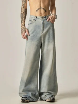 Front full body view of men's ultra-wide bleached blue denim jeans with loose Korean streetwear fit