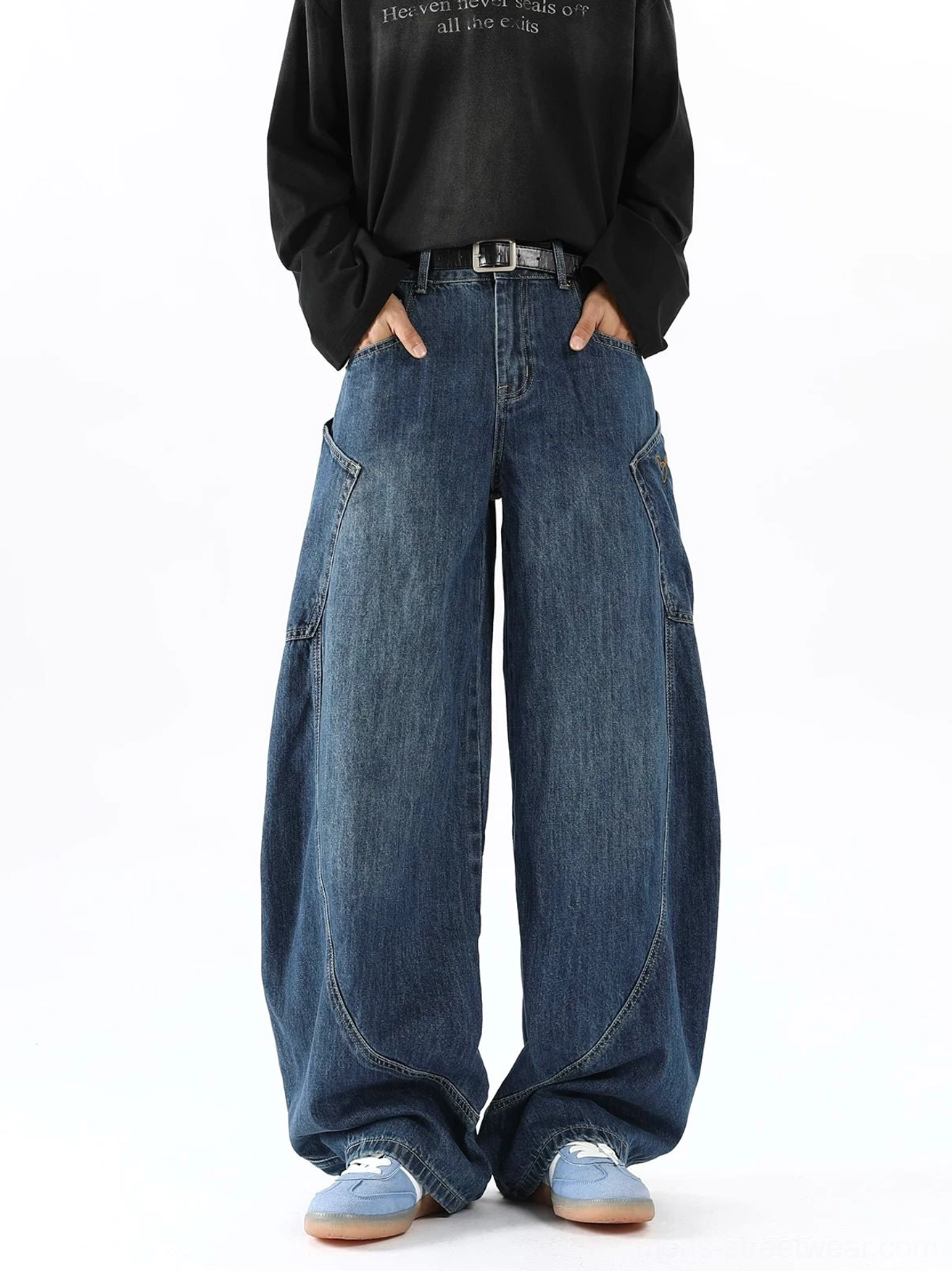 Men's vintage blue balloon cargo jeans front view with relaxed mid-rise waist belt loops wide barrel legs and utility pocket