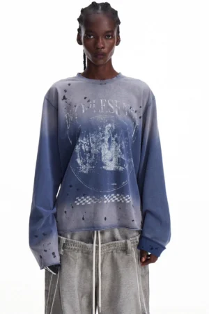 Men's vintage gradient printed sweatshirt showing blue-gray distressed dye, retro graphic front, frayed cuffs, and relaxed streetwear silhouette