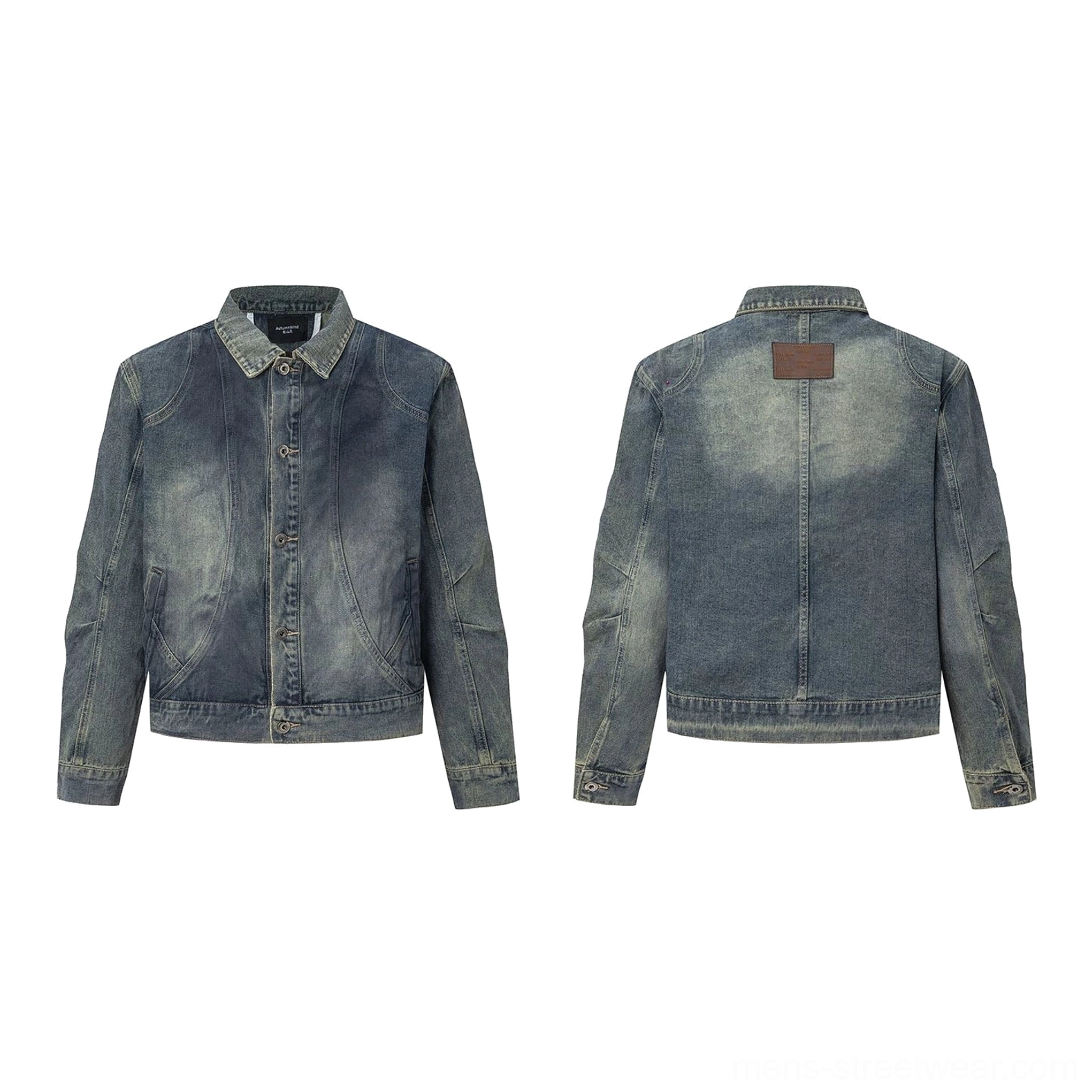 Front and back flat lay of men's washed blue structured denim trucker jacket with button closure curved seams and back patch