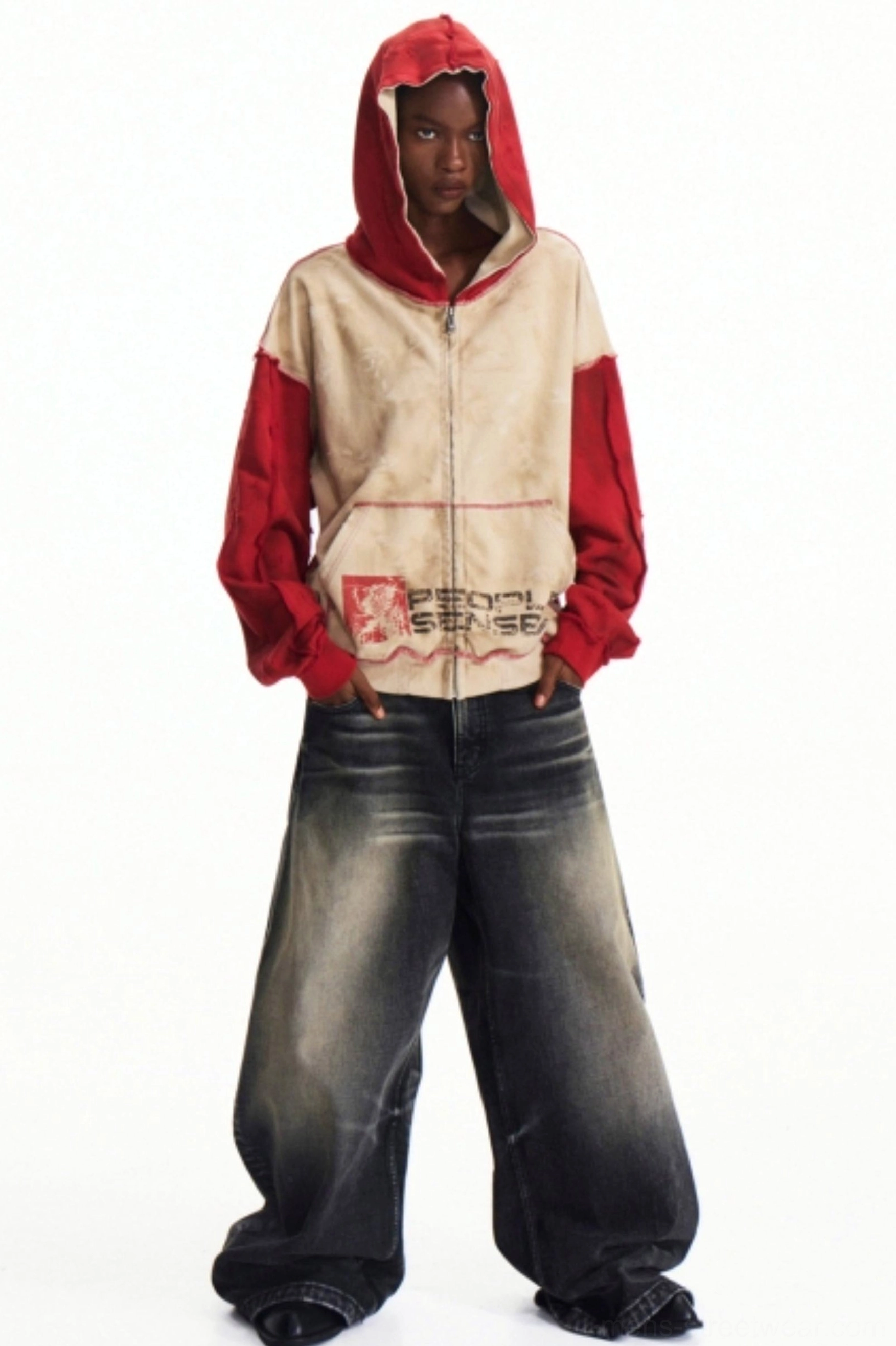 Front view of men’s vintage washed beige and red graphic zip-up hoodie jacket with oversized fit