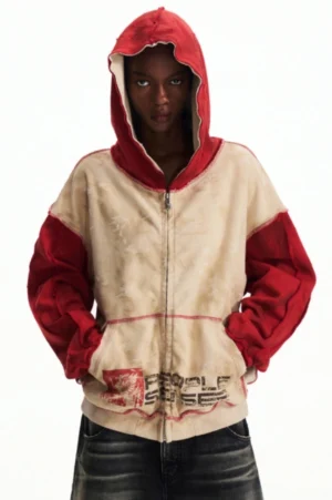 Men’s vintage washed red and beige two-tone graphic zip hoodie jacket front full body streetwear outfit