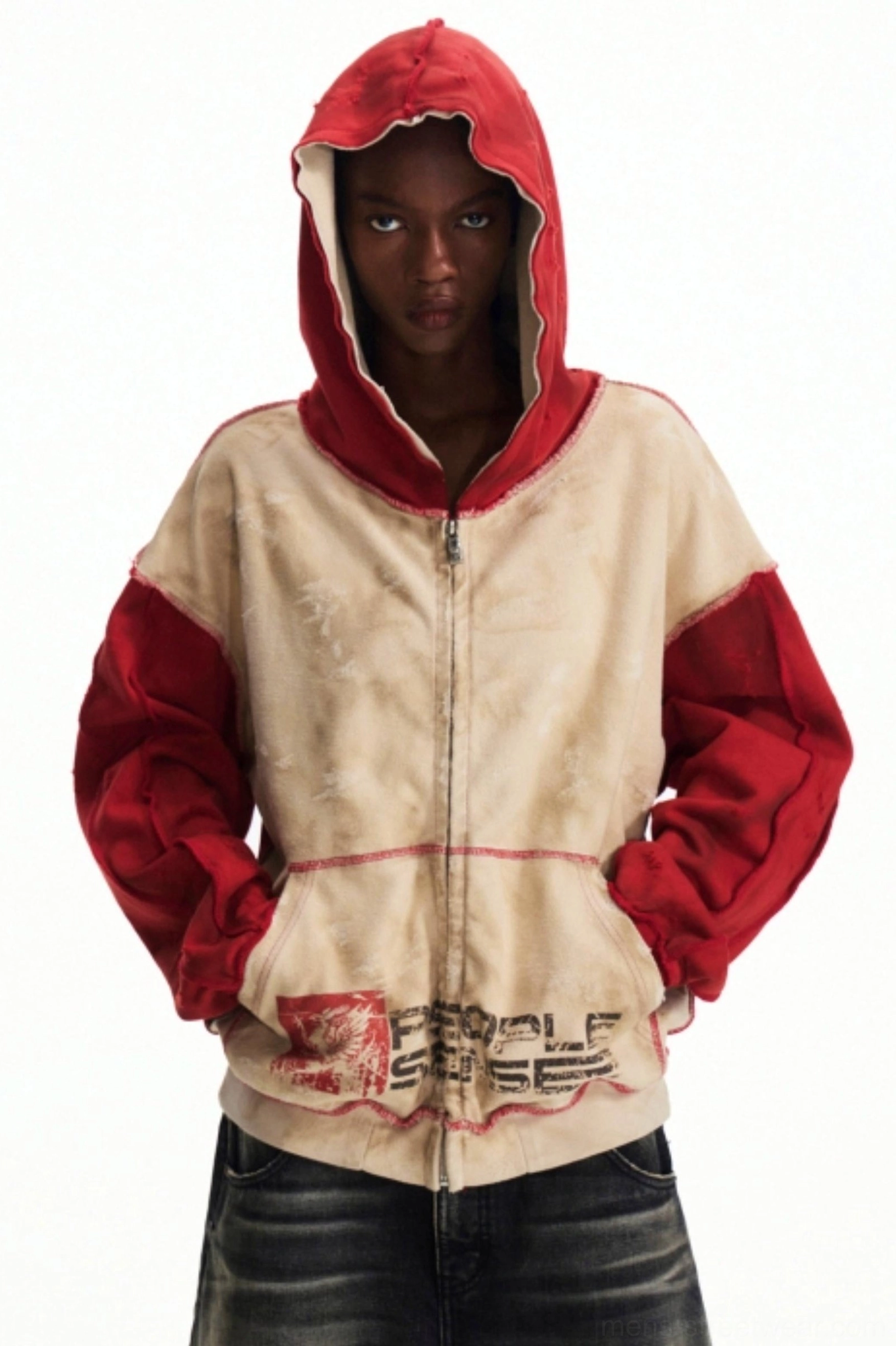 Men’s vintage washed red and beige two-tone graphic zip hoodie jacket front full body streetwear outfit