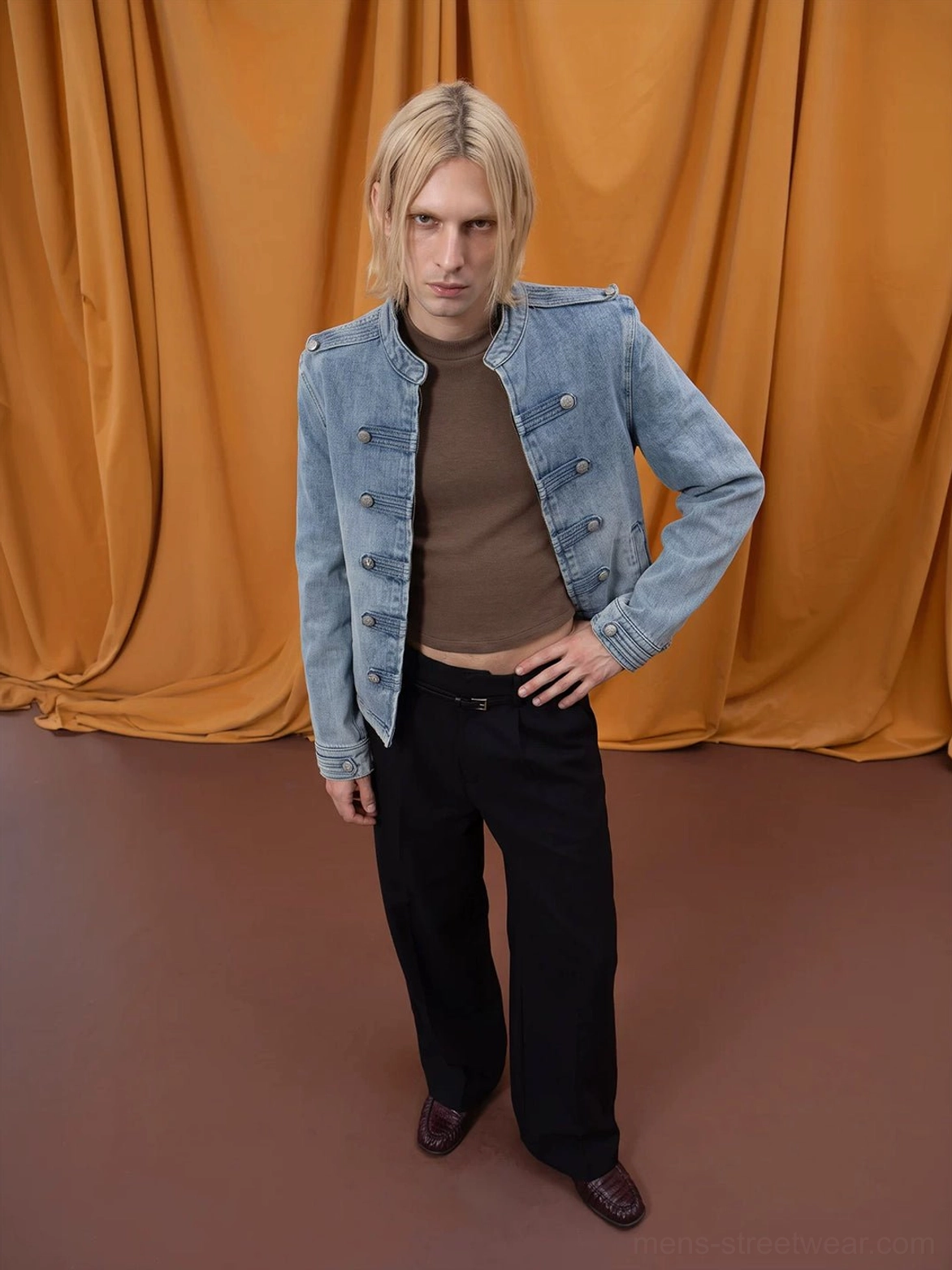 Full body mens streetwear outfit with tailored washed denim military jacket shoulder epaulettes and double button detail