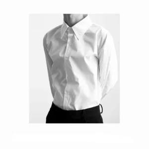 Men's white minimalist classic collar shirt with long sleeves, crisp cotton blend fabric, clean front button placket, and tailored Korean streetwear styling
