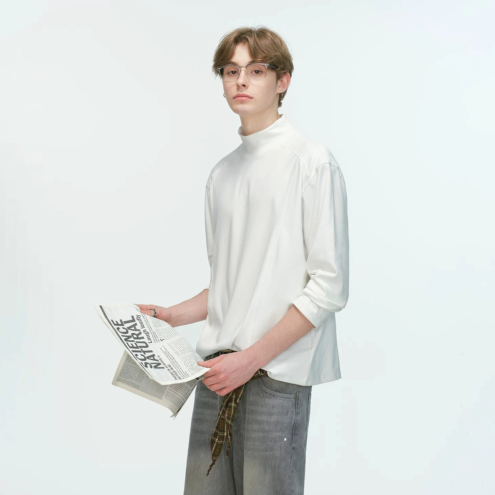Men's white mock neck long sleeve top with a relaxed boxy fit for clean minimalist, Acubi, and Seoul-inspired outfits