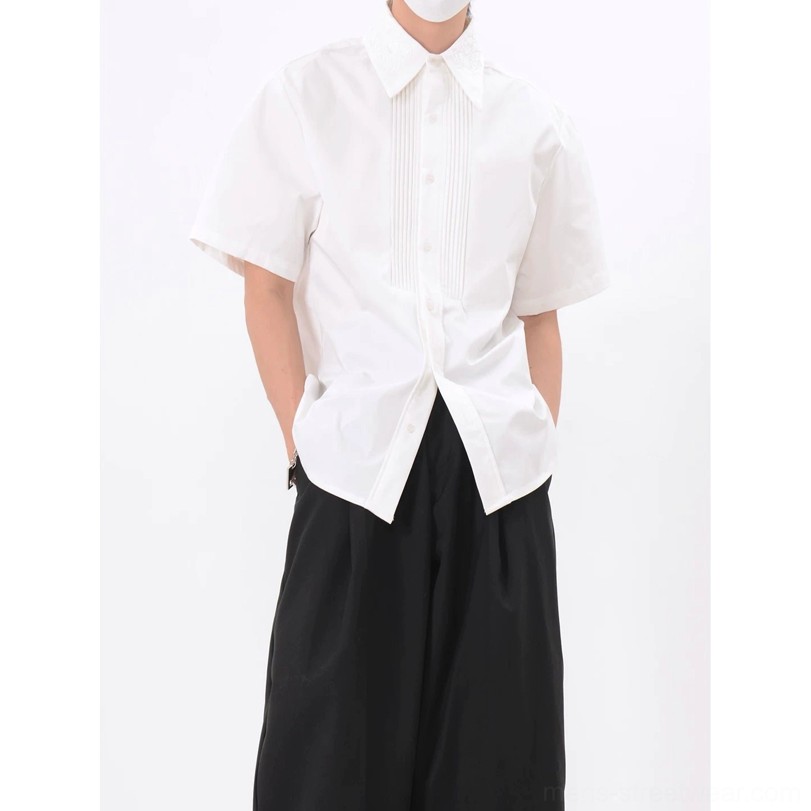 Men's white pleated tuxedo short sleeve shirt in relaxed Seoul minimalist formal streetwear style