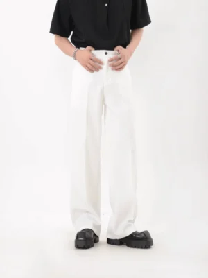 Men's white wide leg tailored trousers with belt loops and clean structured waistband front view