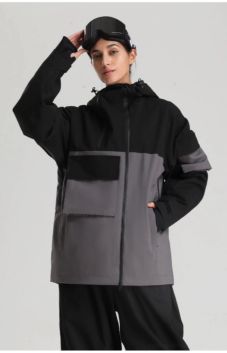 Winter colorblock jacket for men with hooded design, two way front zipper, secure hand pockets, and relaxed alpine streetwear styling