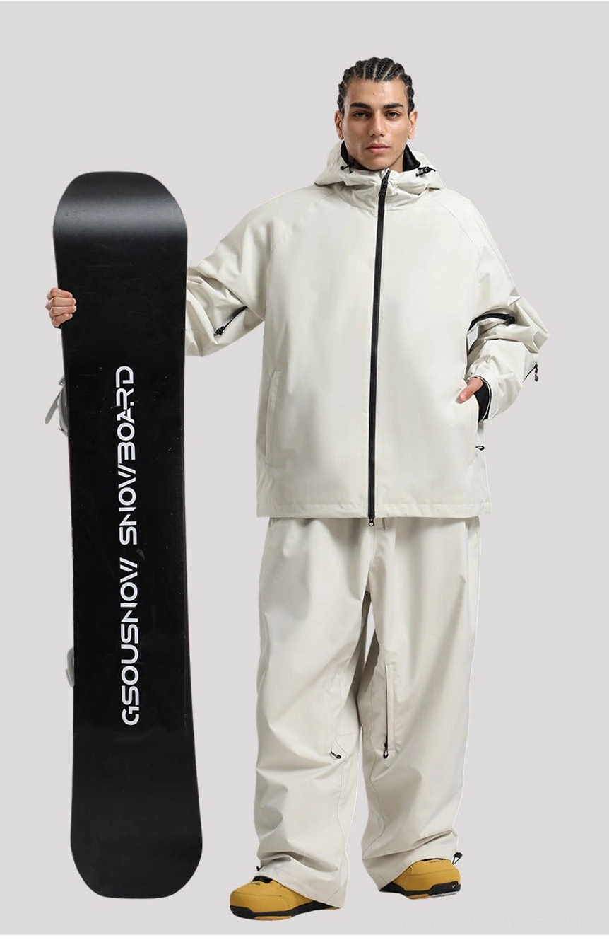 Men's winter techwear jacket with adjustable hood, secure zip pockets, and a roomy silhouette for snowboarding and commuting