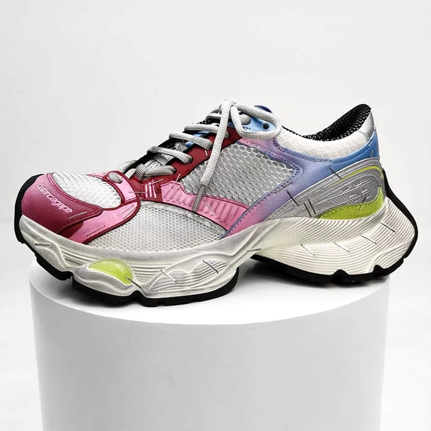 Metallic chunky mesh techwear sneakers featuring layered silver panels, breathable upper, lace-up closure, and rugged 4cm streetwear sole