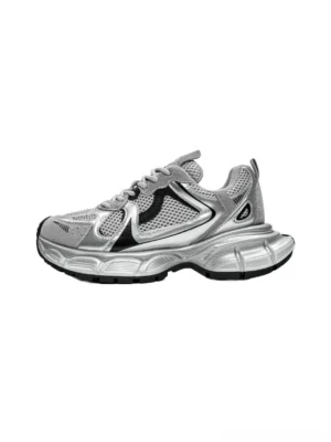 Metallic mesh chunky runner sneakers in silver and black with lace-up front and sculpted thick sole shown from a side-front angle
