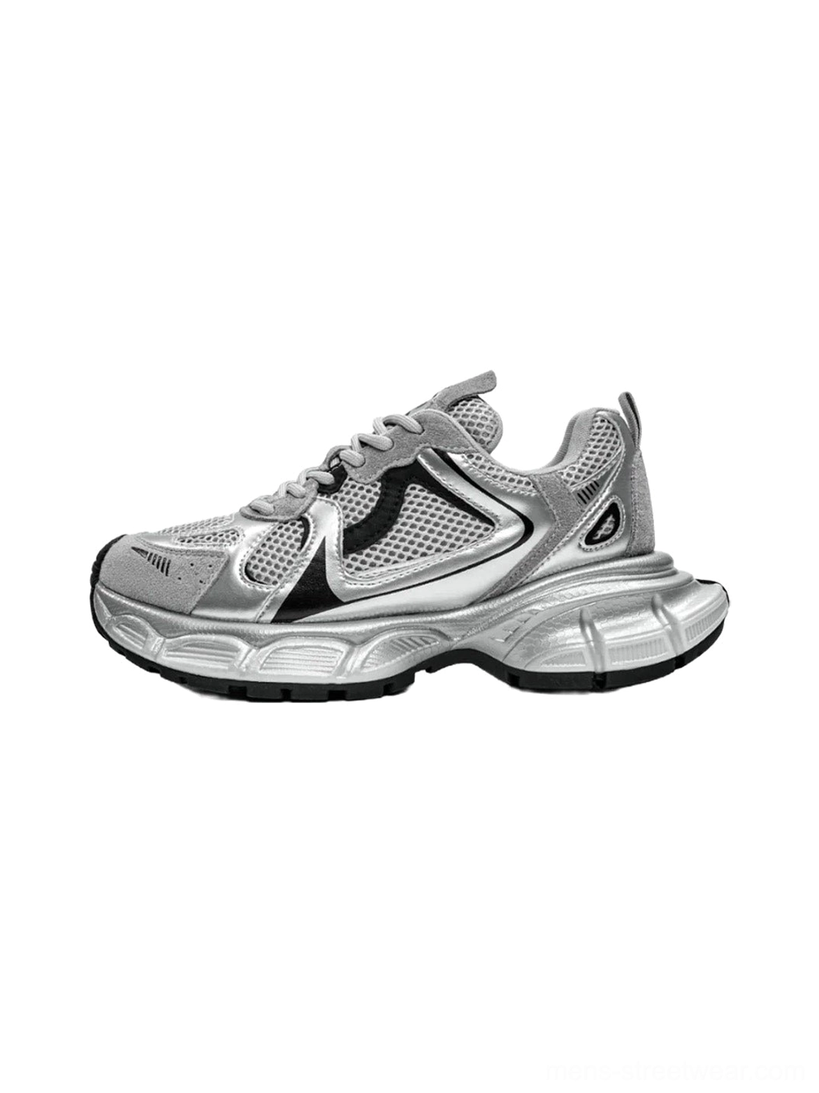 Metallic mesh chunky runner sneakers in silver and black with lace-up front and sculpted thick sole shown from a side-front angle