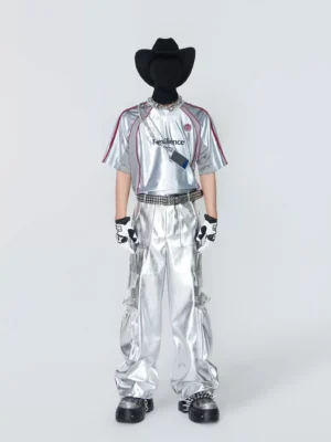 Front full-body view of a metallic silver Resilience tech jersey top with red racing stripes, relaxed athletic fit, and futuristic streetwear styling