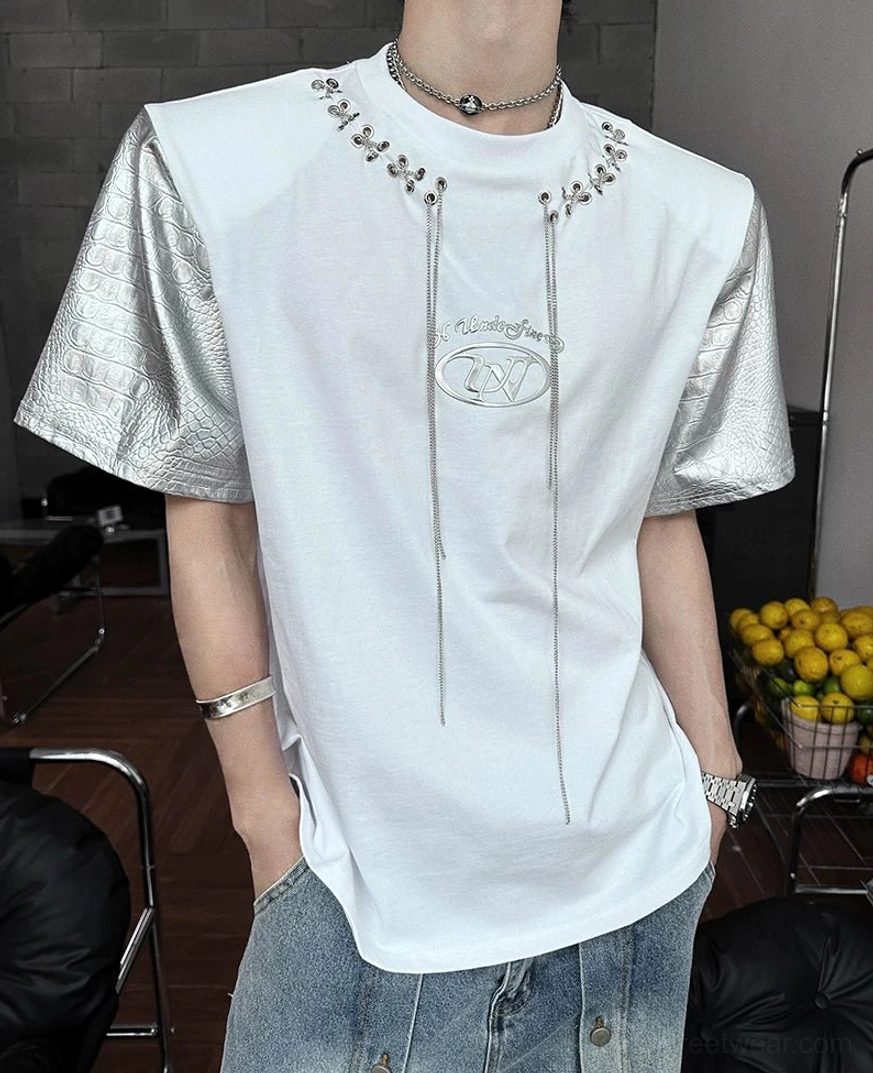 Metallic sleeve chain lace panel T-shirt in futuristic Korean streetwear style with relaxed fit and statement front detailing