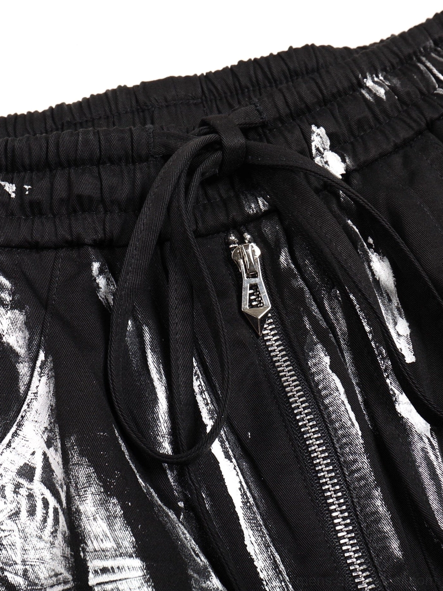 Metallic strap graffiti cargo pants product image showing avant-garde wide-leg streetwear design in black and silver