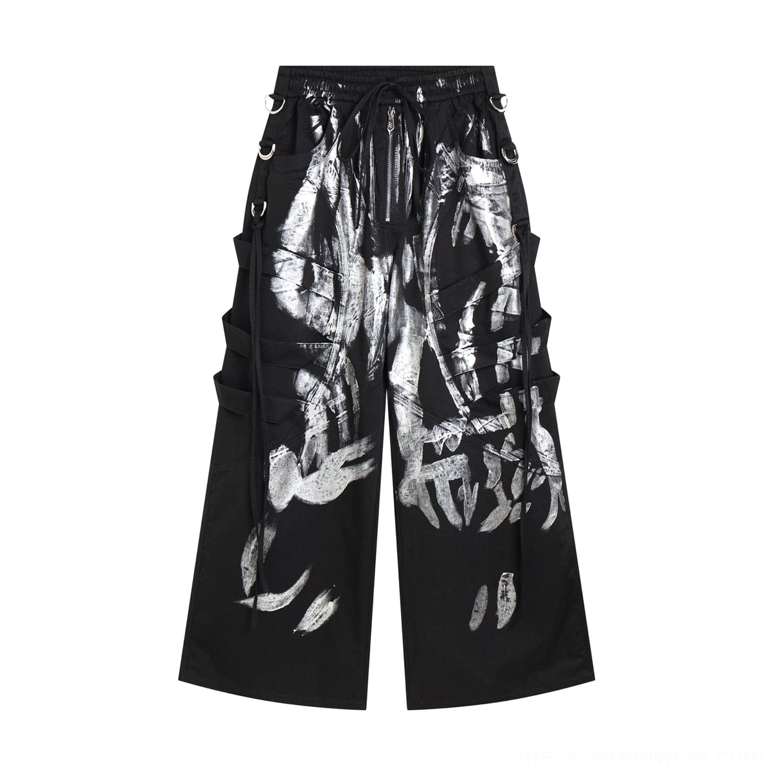 Metallic strap utility cargo pants product image in black with avant-garde proportions and contemporary Korean streetwear influence