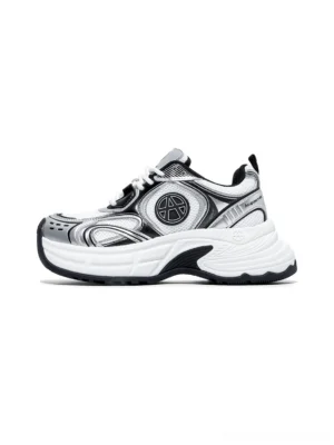 Silver Wave Chunky Dad Sneakers left side profile view showing metallic wave overlays and circular side logo on white background