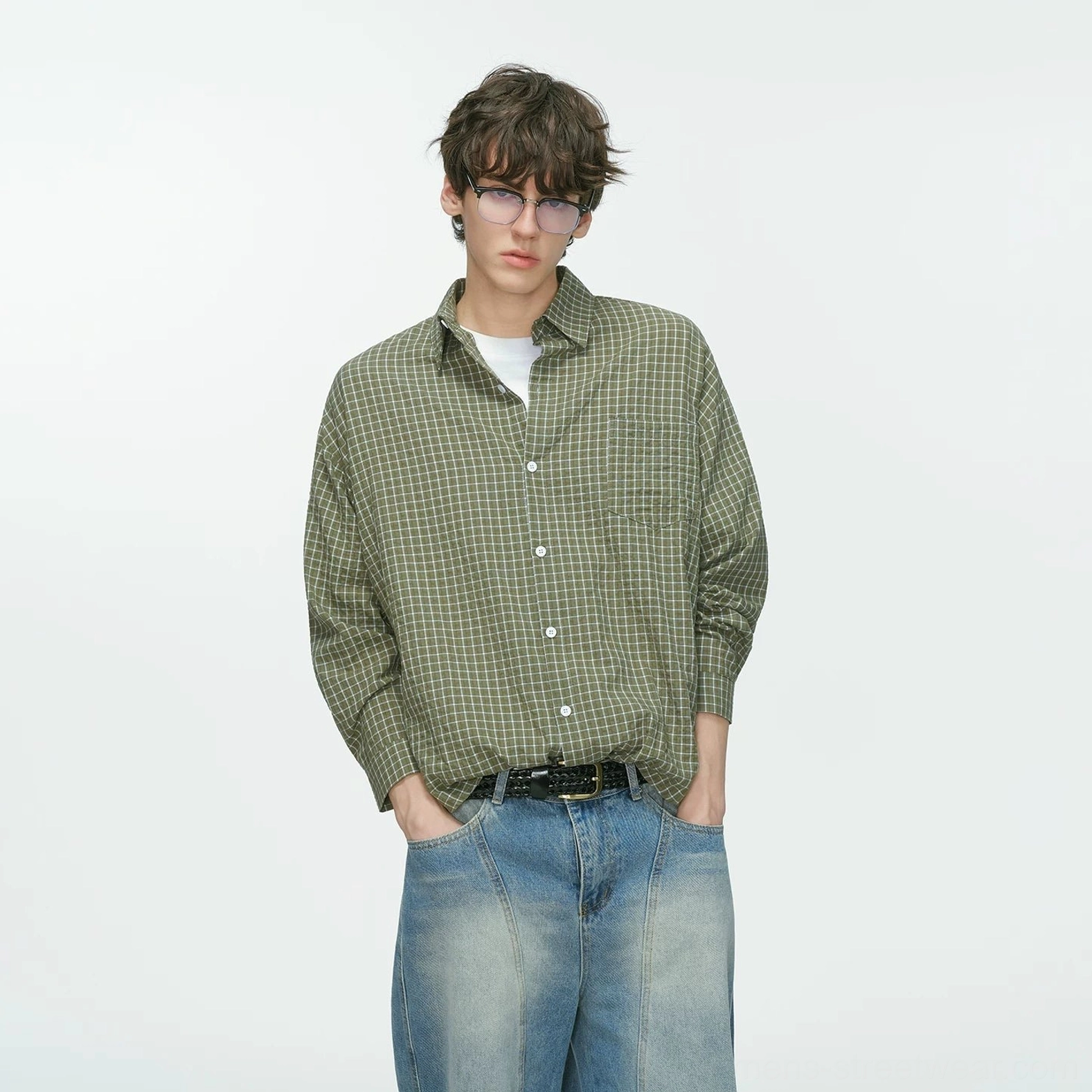 Green Metro Grid relaxed fit plaid shirt for men's Korean streetwear outfits, featuring a white grid pattern and lightweight cotton blend