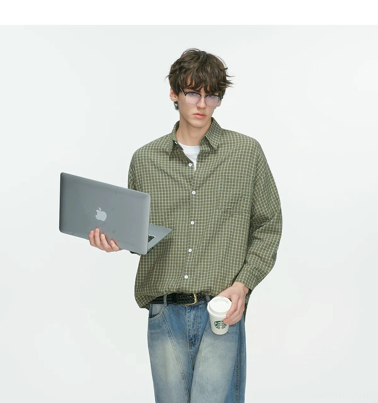 Olive green Korean casual grid shirt with button-down collar and relaxed fit styled with laptop, coffee cup, and leather belt