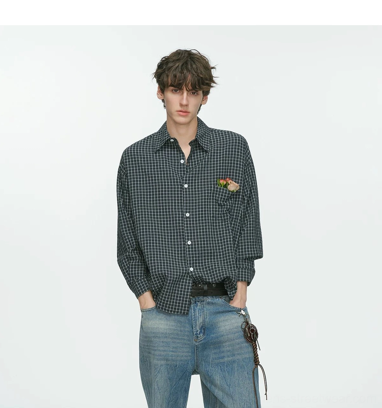 Modern men's casual plaid shirt in a relaxed streetwear silhouette suitable for wide-leg denim, chinos, and work pants