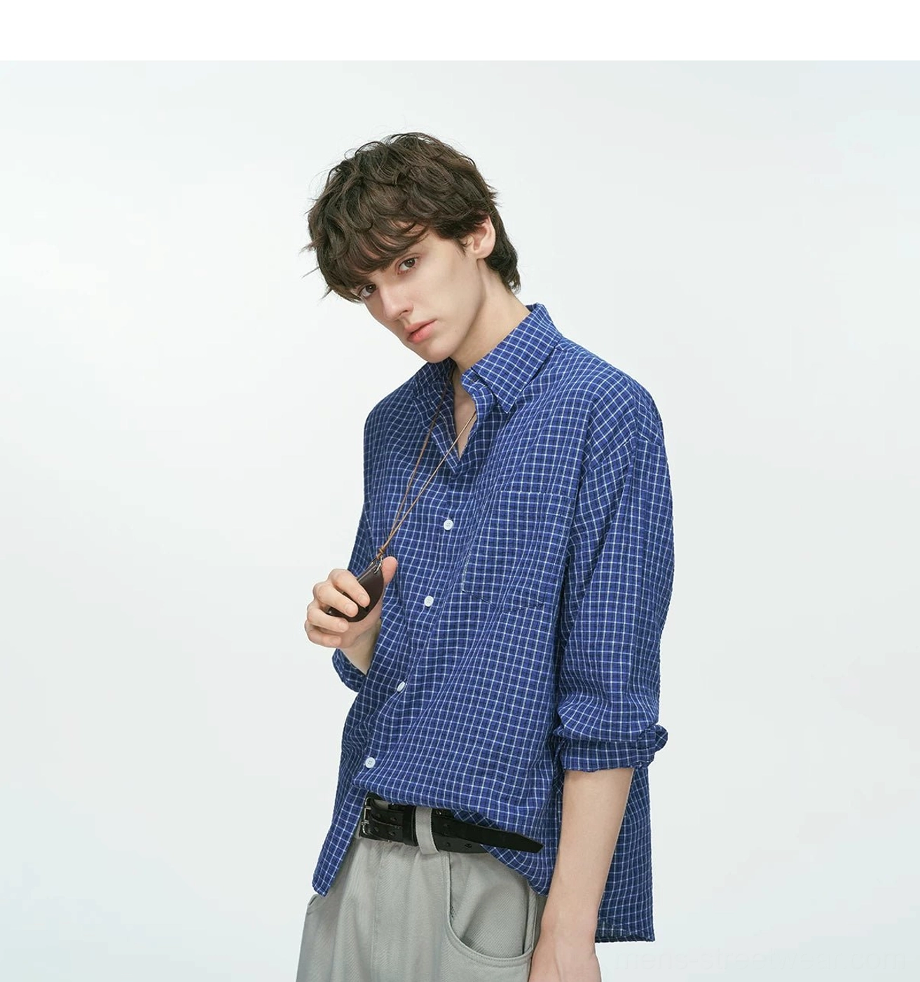 Men's oversized grid check shirt inspired by Seoul fashion with breathable cotton blend fabric and easy layered fit