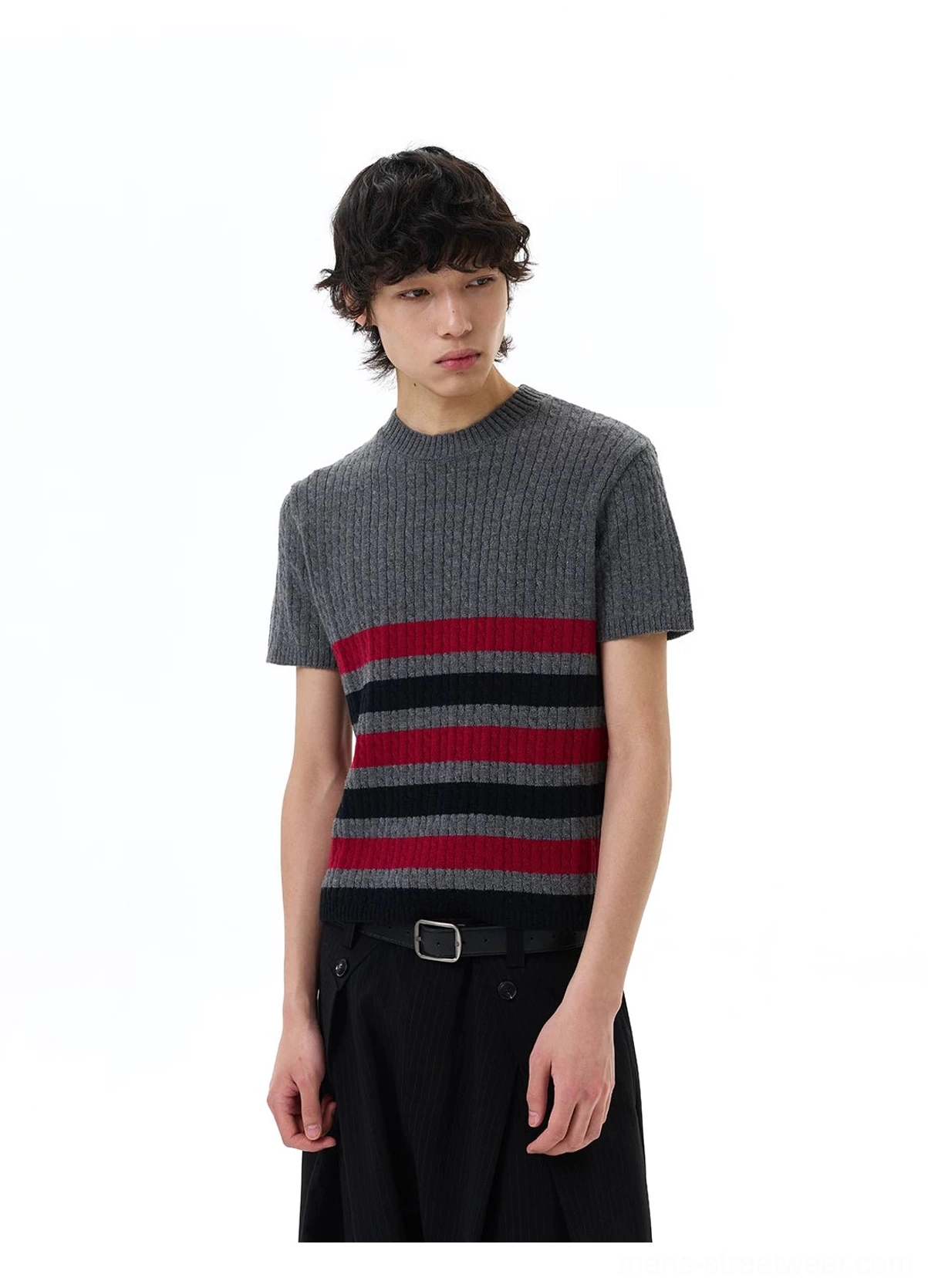 Close-up front view of the ribbed knit texture and red black horizontal stripe detailing on the grey crew neck tee