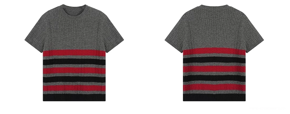 Flat lay front and back views of a grey striped ribbed knit crew neck short sleeve tee showing the full pattern