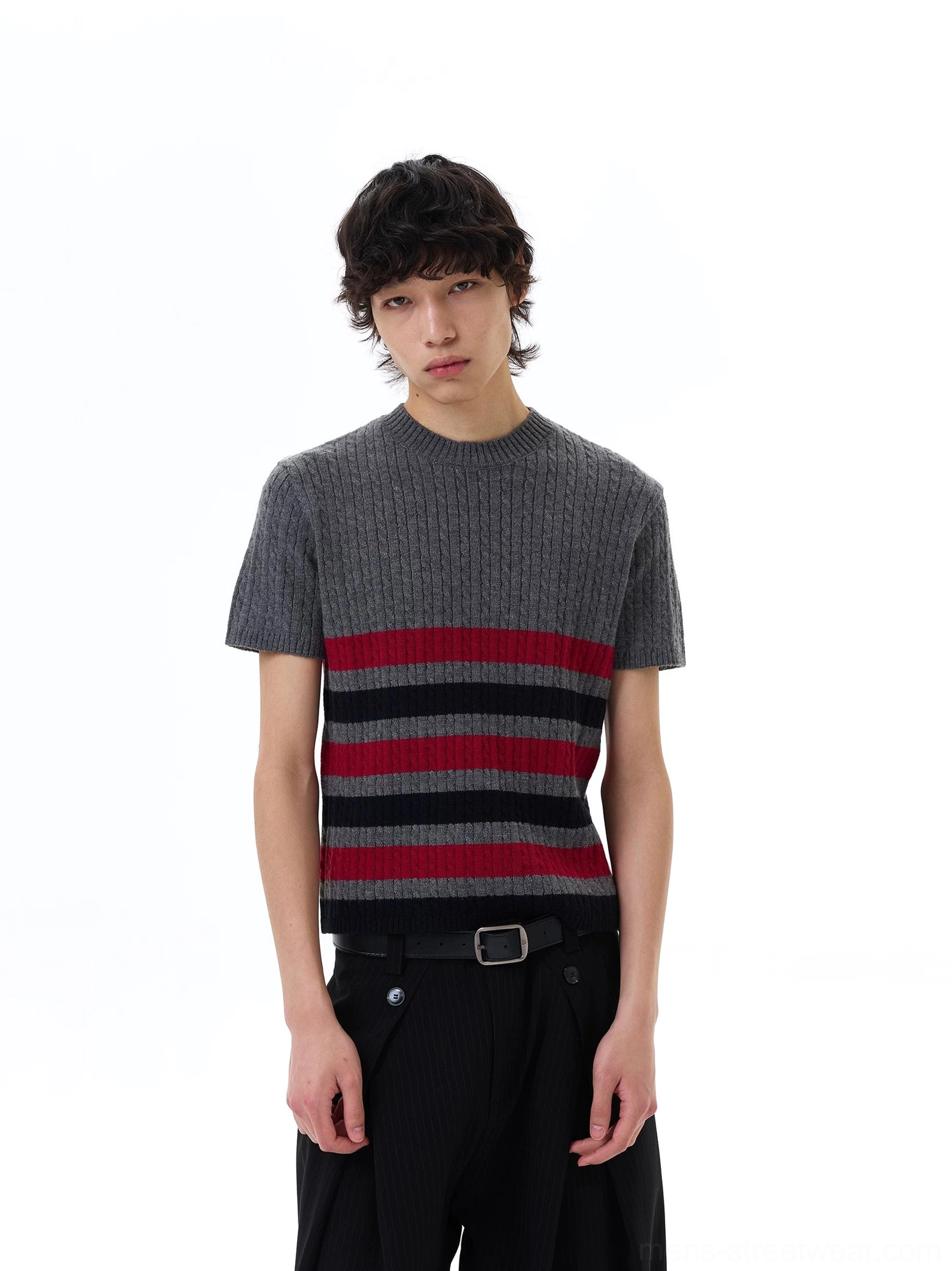 Front full-body styling of a heather grey ribbed knit tee with red black horizontal stripes and wide-leg pants