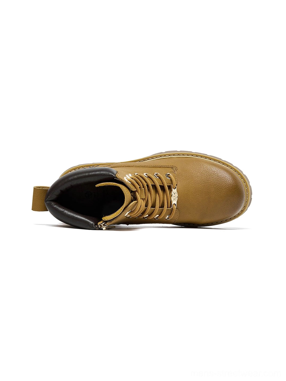 Mid-ankle work boots with smooth synthetic upper, padded collar, lace-up front, and chunky lug outsole